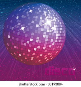 Purple disco ball on dark background with shining rays of light - vector illustration