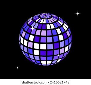 Lila Disco Ball mit Funkeln. Glühende Spiegelkugeln mit Sternen. Nachtklub-Mirrorball-Element für Poster, Banner, Musikcover, Party. Blauer Retro-Weltraum oder Planet. Vektorgrafik