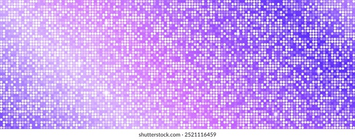 Purple disco party pattern background. Iridescent sequin mosaic texture. Abstract violet shining halftone wallpaper. Pop up comic sparkling glitter backdrop. Retro vector design template