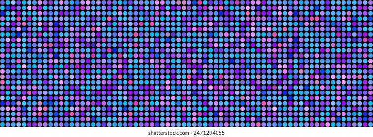 Purple disco party seamless pattern. Circle sequin mosaic texture background. Abstract shining colorful halftone wallpaper. Pop up comic glitter sparkles backdrop. Retro vector design template