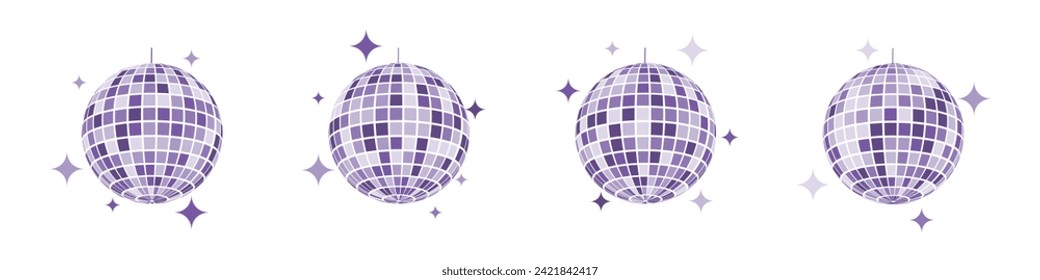 Purple discoball icons. Disco music party mirrorball in 70s 80s 90s retro discotheque style. Shining nightclub globe with glitters. Nightlife, holiday, fun vintage symbol. Vector flat illustration