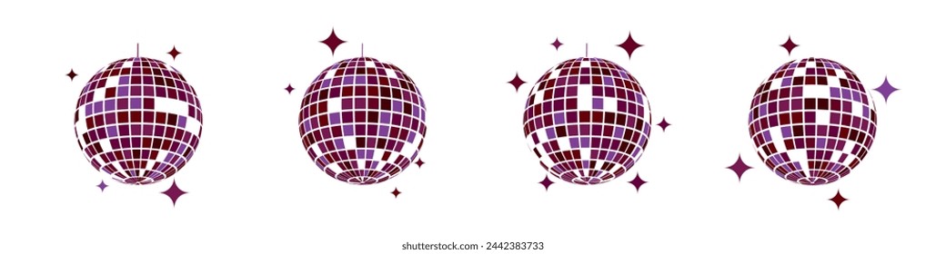 Iconos de discoball púrpura. Música disco fiesta bolas de espejo en los años 70 80 90 estilo discoteca vintage. Esferas de espejo de club nocturno brillantes con brillos. Vida nocturna, vacaciones, símbolos divertidos. Ilustración de vector