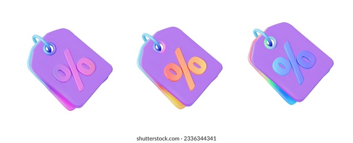 Purple discount tag with a gradient effect. Price label with percent. Label with percentage, discount offer tag symbol. Buying and promo sale. 3d Vector illustration. 