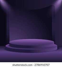 Purple display background with empty podiums under spotlights