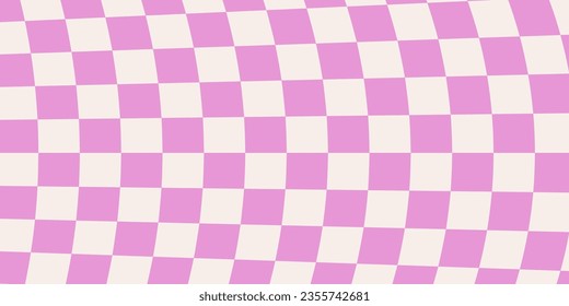 Purple distorted checkerboard background. Retro psychedelic checkered wallpaper. Wavy groovy chessboard surface. Trippy twisted geometric pattern. Abstract vector backdrop