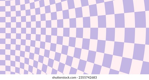 Purple distorted checkerboard background. Retro psychedelic checkered wallpaper. Wavy groovy chessboard surface. Trippy twisted geometric pattern. Abstract vector backdrop