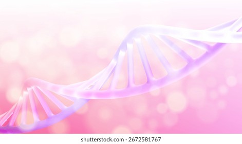 Estructura de hebra de hélice de ADN púrpura sobre fondo de gradiente rosa para presentaciones de investigación científica. Modelo de doble espiral con sombras suaves y representación limpia. Activo de visualización de genética médica.