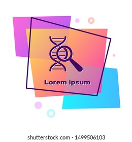 Purple DNA research, search icon isolated on white background. Magnifying glass and dna chain. Genetic engineering, cloning, paternity testing. Color rectangle button. Vector Illustration