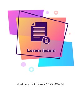 Purple Document and lock icon isolated on white background. File format and padlock. Security, safety, protection concept. Color rectangle button. Vector Illustration