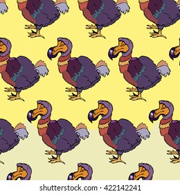 purple dodo bird in sketch style, vector seamless pattern.