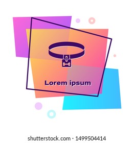 Purple Dog collar with name tag and bone plaque icon isolated on white background. Supplies for domestic animal. Cat and dog care. Pet dog chains. Color rectangle button. Vector Illustration