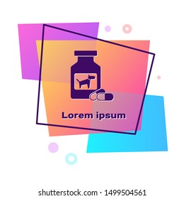 Purple Dog medicine bottle and pills icon isolated on white background. Container with pills. Prescription medicine for animal. Color rectangle button. Vector Illustration