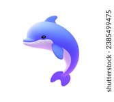 Purple dolphin adorable marine mammal animal with fin and tail 3d icon realistic vector illustration. Cute aquatic wild character playful ocean underwater habitat jumping diving isolated on white