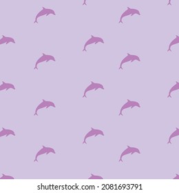 Purple dolphin patterns on purple background, vector decorative textile fabric overlay