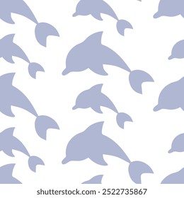 Purple dolphins jumping. Sea mammal of different sizes. Repeating vector pattern. Seamless ornament of diving sea mammals. Isolated colorless background. Flat style. Ocean inhabitant with fins.