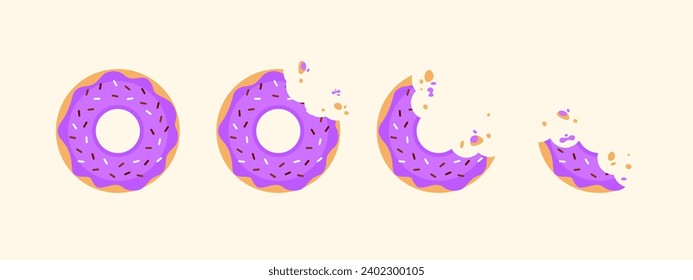 Purple Donut illustration vector, Sweet soft Donuts with colorful sprinkles. Break time with donuts. Top view in isolated background. Bite off food in cafe.