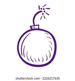 Purple doodle bomb. Danger element line art icon on white background.