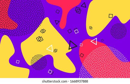 Purple-Doodle-Elemente. Flüssiges Ornament. Korallenfashion der 90er Jahre. Honigdot-Illustration. Cool Print. Violett-Hipster-Zusammensetzung. Lilac Funky Wallpaper.