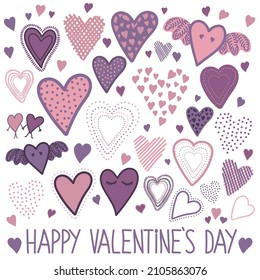 Purple doodle hearts. Design elements for Valentine's day. Hand drawn adorable hearts with textures and dots. Great for love, cards, baby shower, nursery, engagement