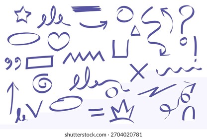 Los garabatos púrpuras incluyen flechas, círculos, estrellas y otras Formas dibujadas a mano sobre un fondo blanco para usarlas como Elementos de diseño para agregar énfasis o interés visual.