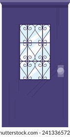 Purple door with elegant white wrought iron window design. Contemporary home entrance vector illustration.