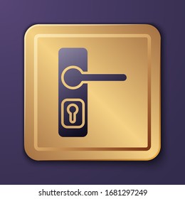 Purple Door handle icon isolated on purple background. Door lock sign. Gold square button. Vector Illustration