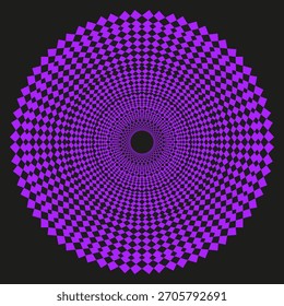 Círculo de puntos púrpura. Vector radial concéntrico. Patrón abstracto óptico. Gráfico de fondo oscuro.