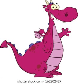 Purple Dragon Cartoon Mascot Character Waving For Greeting. Vector Illustration Isolated on white