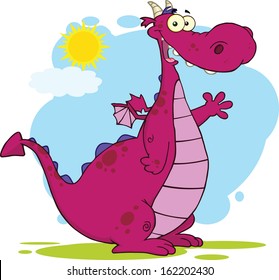 Purple Dragon Cartoon Mascot Character Waving. Vector Illustration Isolated on white