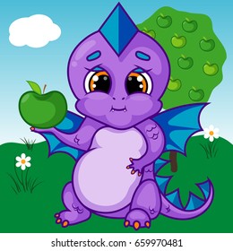 Purple Dragon Character with Green Apple Tree, Blue Wings, Cartoon Hand Drawn Vector Illustration EPS 10