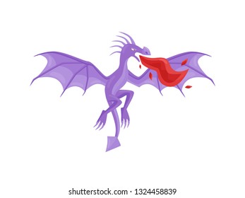 Purple dragon in flying action with wide open wings breathing fire. Mythical creature. Fantastic monster. Flat vector