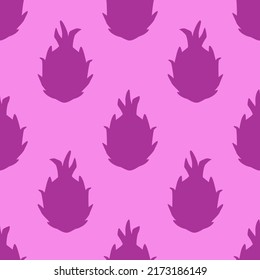 Purple Dragon Fruit Seamless Pattern, in Flat Design Style. Hand Drawn Cartoon Pitaya Fruits on Bright Purple Background, Simple Repeating Design. Summer Illustration.
