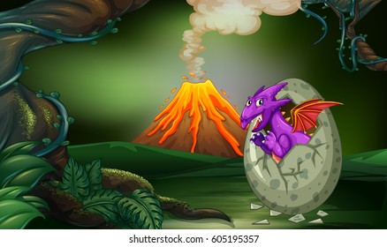 Purple dragon hatching egg in deep forest illustration