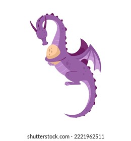 Purple dragon hugging egg cartoon illustration. Cute magical creature on white background. Fantasy, reptile concept