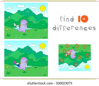 Purple dragon with net for butterflies. Educational game for kids: find ten differences. Vector illustration