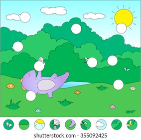 Purple dragon on a flower meadow with butterfly: complete the puzzle and find the missing parts of the picture. Vector illustration. Educational game for kids