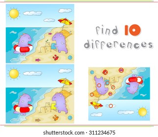 Purple dragons playing on the summer beach. Educational game for kids: find ten differences. Vector illustration