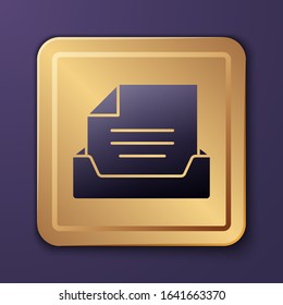 Purple Drawer with document icon isolated on purple background. Archive papers drawer. File Cabinet Drawer. Office furniture. Gold square button. Vector Illustration