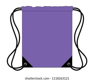 Purple Drawstring Bag With Black Rope Design On White Background, Flat Lay, Vector File.