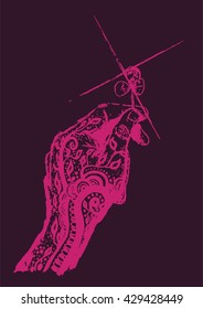 Purple Dream tattooed hand holding a four leaf clover, lucky to reach, vector illustration