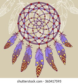 Purple Dreamcatcher with feathers.