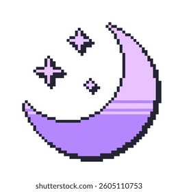 Purple Dreamy Crescent Moon with Glitter Stars, Pixel Art Icon, Isolated
