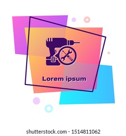 Purple Drill machine with screwdriver and wrench icon isolated on white background. Adjusting, service, setting, maintenance, repair, fixing. Color rectangle button. Vector Illustration