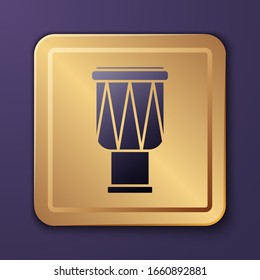 Purple Drum icon isolated on purple background. Music sign. Musical instrument symbol. Gold square button. Vector Illustration