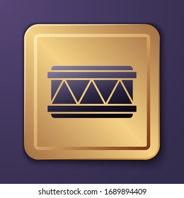 Purple Drum icon isolated on purple background. Music sign. Musical instrument symbol. Gold square button. Vector Illustration