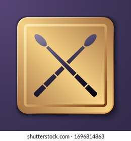 Purple Drum sticks icon isolated on purple background. Musical instrument. Gold square button. Vector Illustration