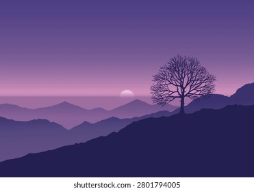 Purple dusk bathes layered mountain ridges. Lone tree stands stark against the twilight sky. The moon glows softly behind distant peaks. Silent, serene, and deeply peaceful. Ideal for calm, reflective