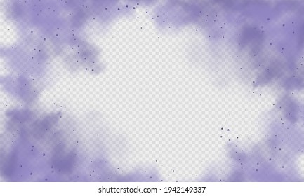 Purple dust or fog. Abstract purple powder explosion with particles. Violet smoke or dust isolated on light transparent background. Abstract mystical gas. Vector illustration.