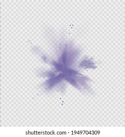 Purple dust or fog. Abstract purple powder explosion with particles. Violet smoke or dust isolated on light transparent background. Abstract mystical gas. Vector illustration