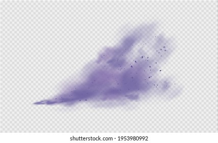 Purple dust or fog. Abstract purple powder explosion with particles. Violet smoke or dust isolated on light transparent background. Abstract mystical gas. Vector illustration